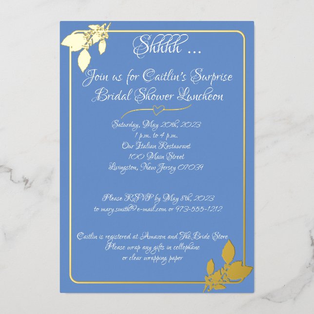 Invitation En Aluminium Mariage Floral, Bleu Campagnard, Or (Recto)
