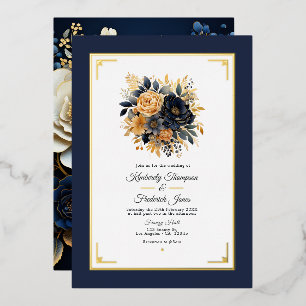 Invitation En Aluminium Mariage floral bleu marine et or