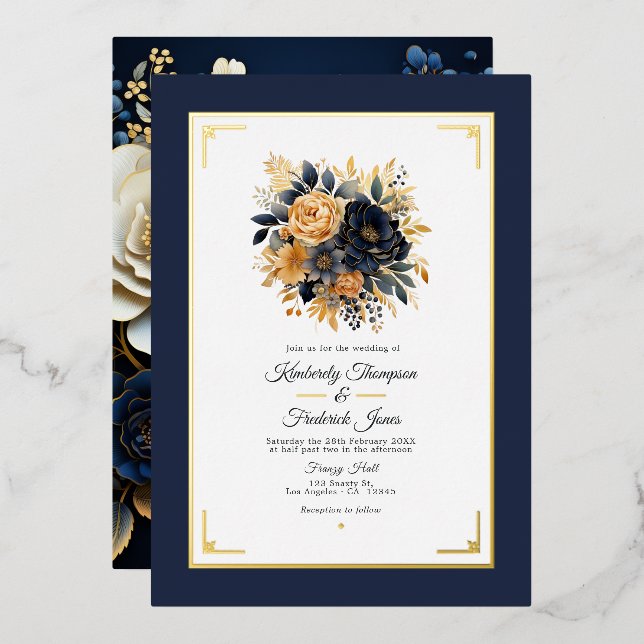 Invitation En Aluminium Mariage floral bleu marine et or (Recto/Verso)