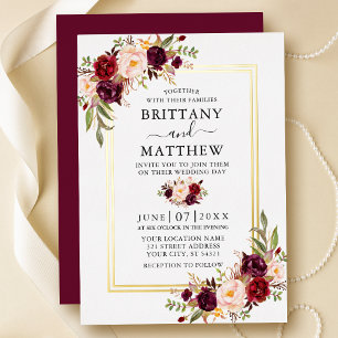 Invitation En Aluminium Mariage Floral Bourgogne Aquarelle 2 Cadre Or