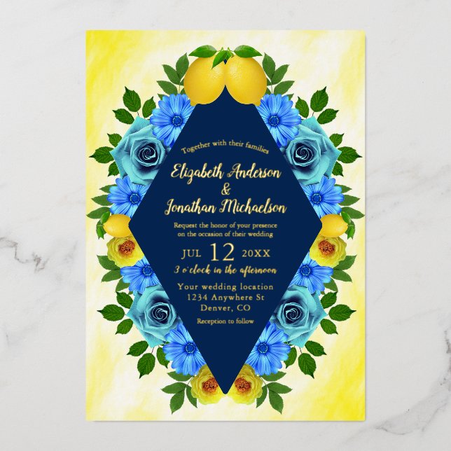 Invitation En Aluminium Mariage floral citron soleil (Recto)