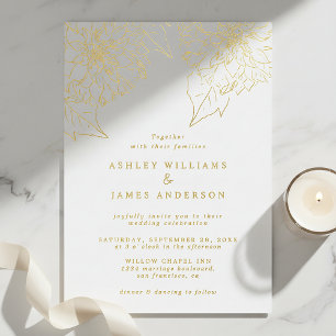Invitation En Aluminium Mariage Floral Dahlia Élégant en Feuille d'Or