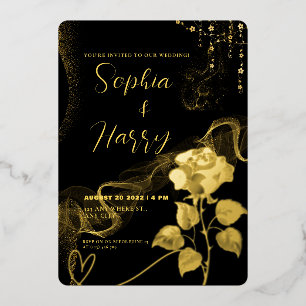 Invitation En Aluminium Mariage floral de luxe noir et or Script Foil