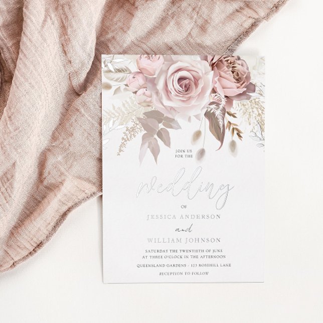 Invitation En Aluminium Mariage floral Divin Argent & Blush (Créateur téléchargé)