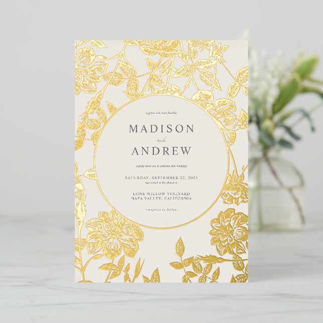 Invitation En Aluminium Mariage floral doré moderne (Debout devant)