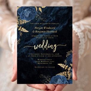Invitation En Aluminium Mariage floral élégant bleu marine or