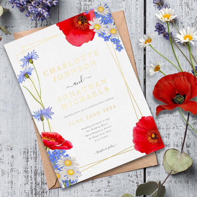 Invitation En Aluminium Mariage floral élégant en or vert moderne (Modern wildflower gold foil geometric wedding invitation with red poppy and blue cornflower )