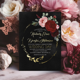 Invitation En Aluminium Mariage floral élégant or bordeaux rouge et noir