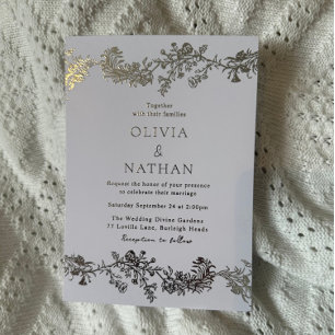 Invitation En Aluminium Mariage Floral Élégant Vintage Argent et Blanc