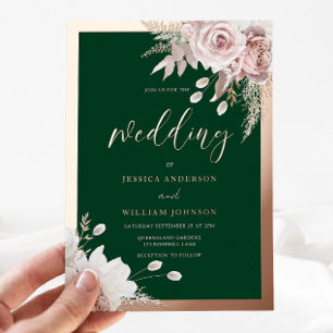 Invitation En Aluminium Mariage floral émeraude et rose gold à feuille d'o