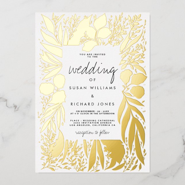 Invitation En Aluminium Mariage floral feuillage doré blanc sophistiqué (Recto)