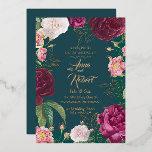 Invitation En Aluminium Mariage Floral Gold & Emerald Green