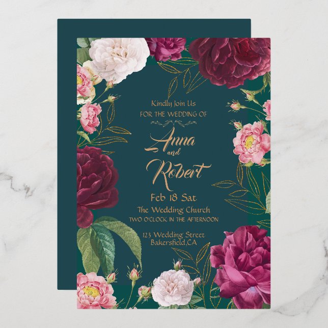 Invitation En Aluminium Mariage Floral Gold & Emerald Green (Recto/Verso)