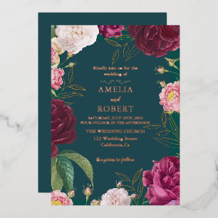 Invitation En Aluminium Mariage Floral Gold & Emerald Green