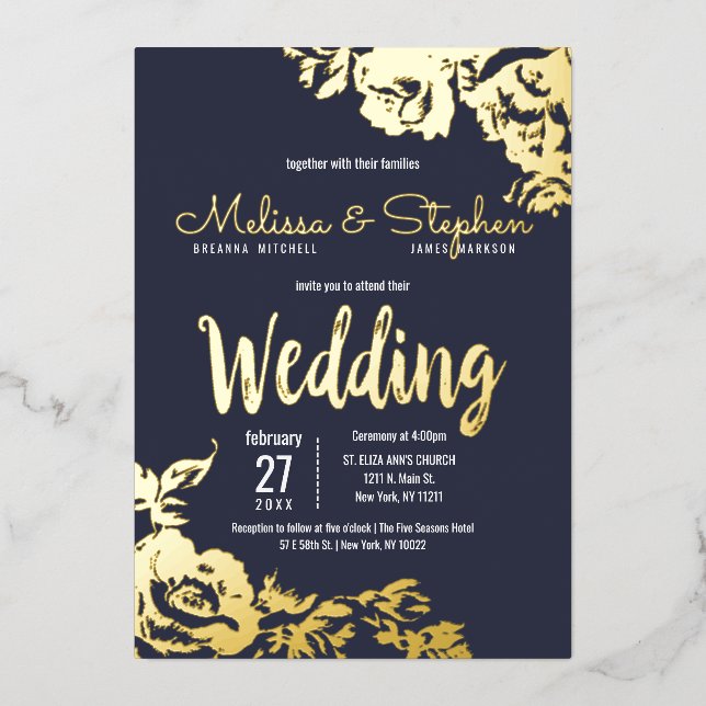 Invitation En Aluminium Mariage floral Marine Blue Real or (Recto)