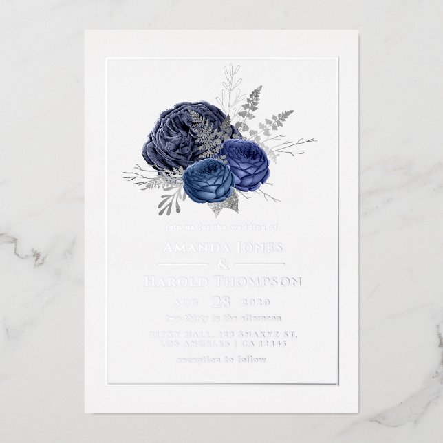 Invitation En Aluminium Mariage floral marine et argent (Recto)