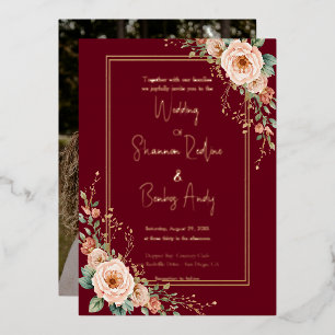 Invitation En Aluminium Mariage floral moderne bordeaux et rose tendre
