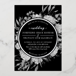 Invitation En Aluminium Mariage floral noir et blanc argenté