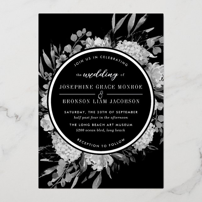Invitation En Aluminium Mariage floral noir et blanc argenté (Recto)