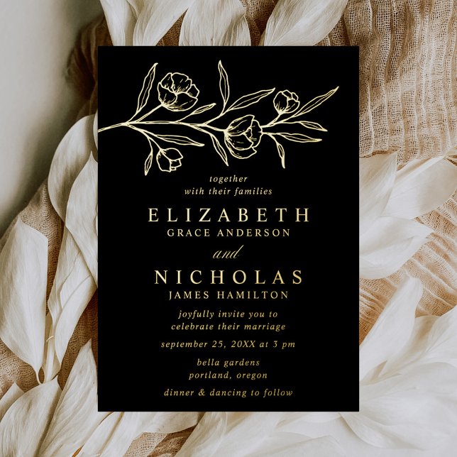Invitation En Aluminium Mariage floral noir et or esquissé (Créateur téléchargé)