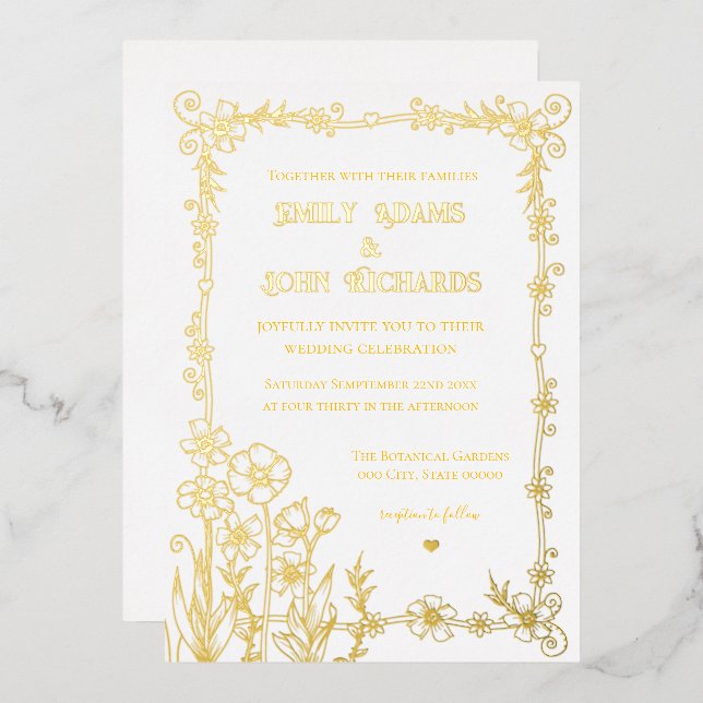 Invitation En Aluminium Mariage Floral or et blanc (Recto/Verso)
