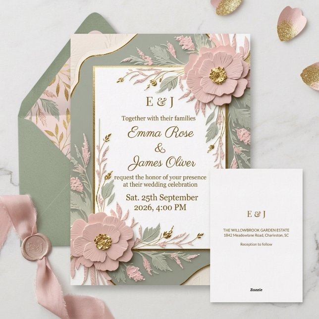 Invitation En Aluminium Mariage floral or et vert sauge dimensionnel (Créateur téléchargé)