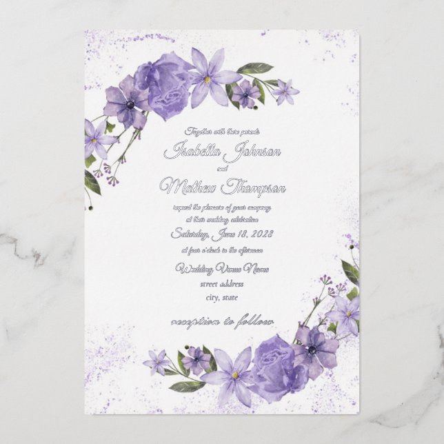 Invitation En Aluminium Mariage floral pourpre (Recto)