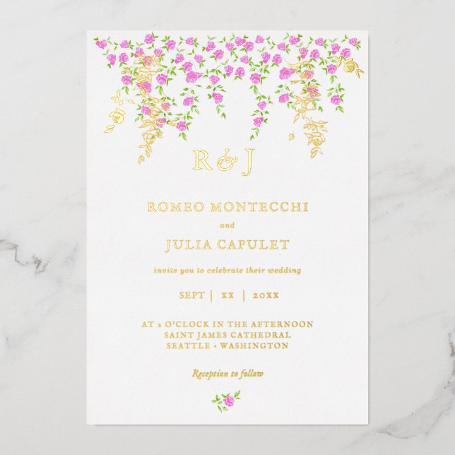 Invitation En Aluminium Mariage floral romantique rose vif avant et arrièr (Recto)