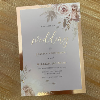 Invitation En Aluminium Mariage floral rose à fond d'or