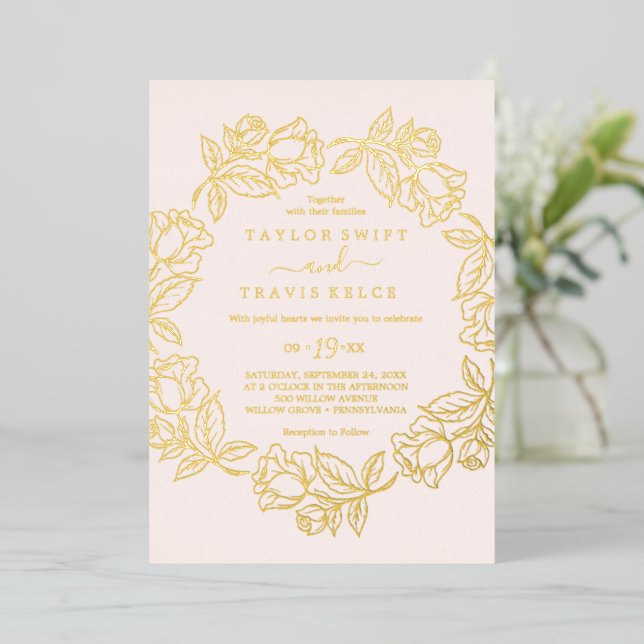 Invitation En Aluminium Mariage floral rose à huile d'or (Debout devant)