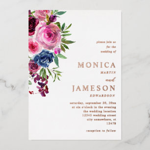Invitation En Aluminium Mariage Floral Rose Chaud et Bleu Marine 3