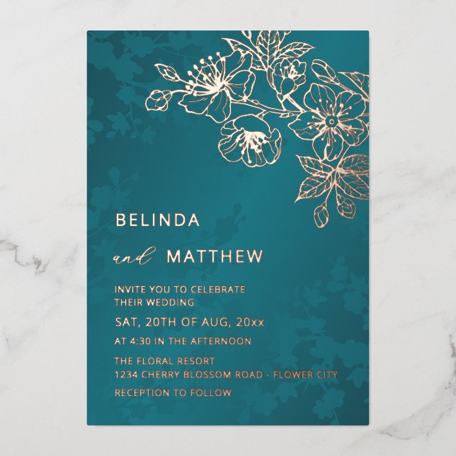 Invitation En Aluminium Mariage Floral Rose Gold et Sarcelle (Recto)