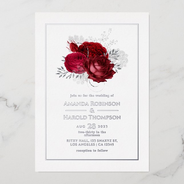 Invitation En Aluminium Mariage floral rouge et argent (Recto)