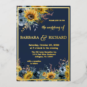Invitation En Aluminium Mariage Floral Tournesol Bleu Marine Or