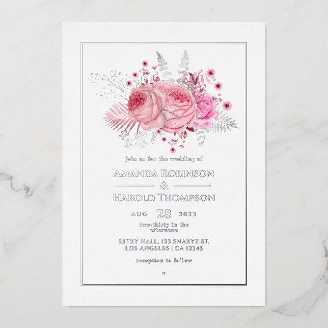 Invitation En Aluminium Mariage floral tropical rose et argent (Recto)