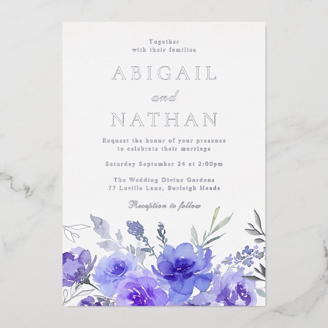 Invitation En Aluminium Mariage floral violet violet à huile d'argent (Recto)