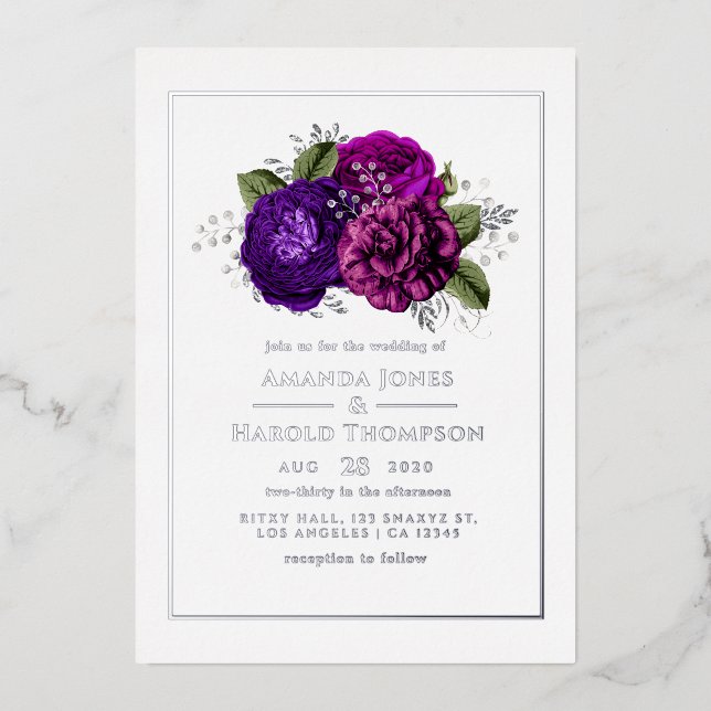 Invitation En Aluminium Mariage floral violet, violet, prune et argent (Recto)