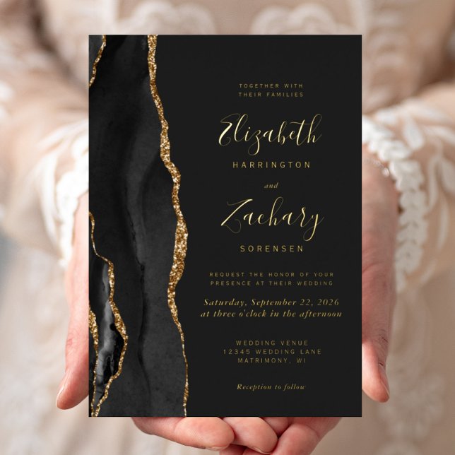 Invitation En Aluminium Mariage foncé moderne Noir Or Agate (Créateur téléchargé)