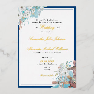 Invitation En Aluminium Mariage Formel Naval Floral Navy & Blanc