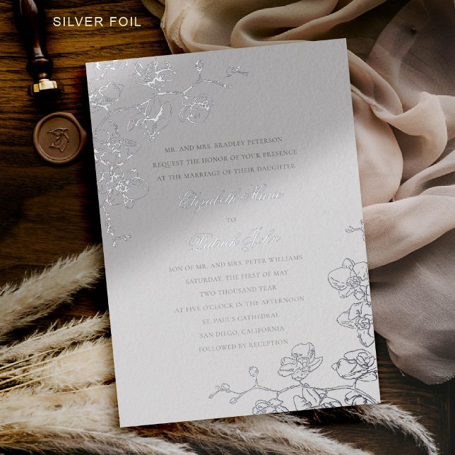 Invitation En Aluminium Mariage Formel Traditionnel Orchidées Ivory Bliss (orchids wedding invitation formal traditional modern classic art ink sketch ivory calligraphy FOIL)