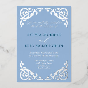 Invitation En Aluminium Mariage Formel Vintage Bleu Poussiéreux Victorien