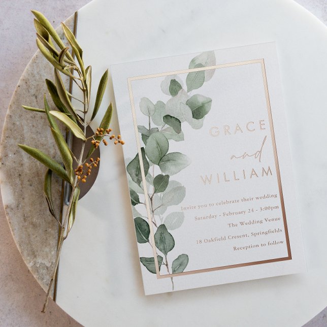 Invitation En Aluminium Mariage frontalier Rose Feuille vert Gold Foil (Créateur téléchargé)