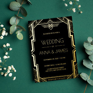 Invitation En Aluminium Mariage Gatsby Art Déco noir et or