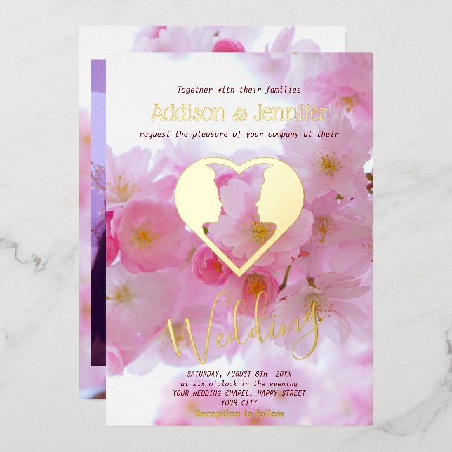 Invitation En Aluminium Mariage gay - Cerisier rose & OR (Recto/Verso)