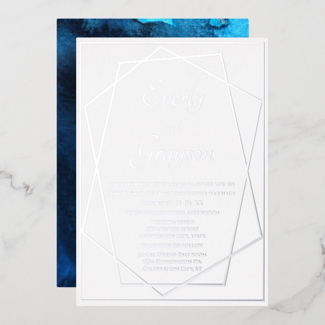 Invitation En Aluminium Mariage géométrique bleu et argent (Recto/Verso)