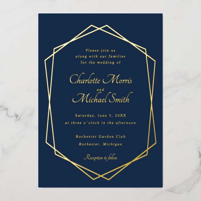 Invitation En Aluminium Mariage géométrique bleu marine et or (Recto)