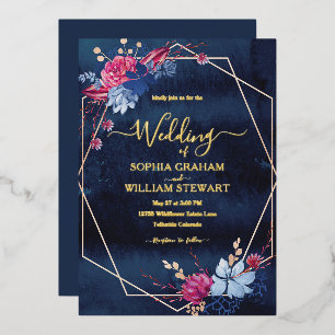 Invitation En Aluminium Mariage Géométrique Floral Aquarelle Rose Navy