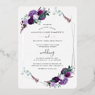 Invitation En Aluminium Mariage géométrique Floral violet Argent