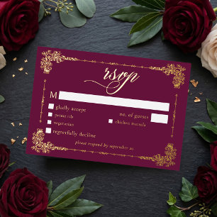 Invitation En Aluminium Mariage gothique à l'or burgundy orné vintage