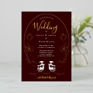 Invitation En Aluminium Mariage gothique floral crâne bordeaux